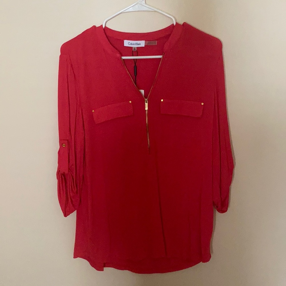 NWT Calvin Klein Modern Essential Zip Front Roll Sleeve Blouse - S - Coral
